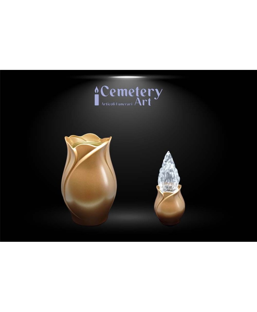 Set completo in lega di alluminio color bronzo composto da 1 vaso con interni in plastica e 1 lampada con fiamma in vetro