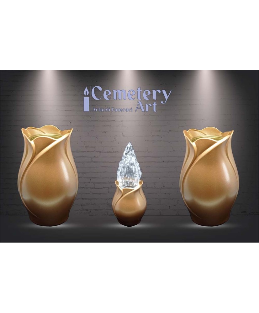 Set completo in lega di alluminio color bronzo composto da 2 vasi con interni in plastica e 1 lampada con fiamma in vetro