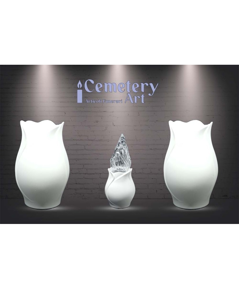 Set completo in lega di alluminio color bianco matto composto da 2 vasi con interni in plastica e 1 lampada con fiamma in vetro